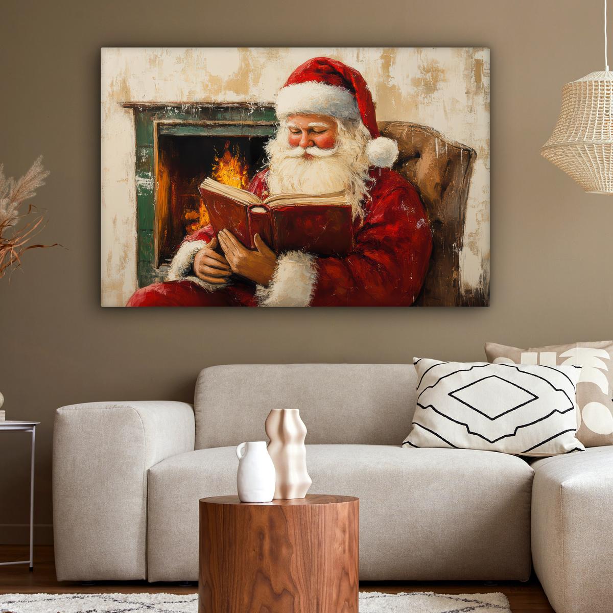 LEINWANDBILD Weihnachten - Weihnachtsmann - Winter - Open Fireside Wohnzimmer Groß 120x80 cm - Dunkelrot, Textil (120/80cm) - MuchoWow