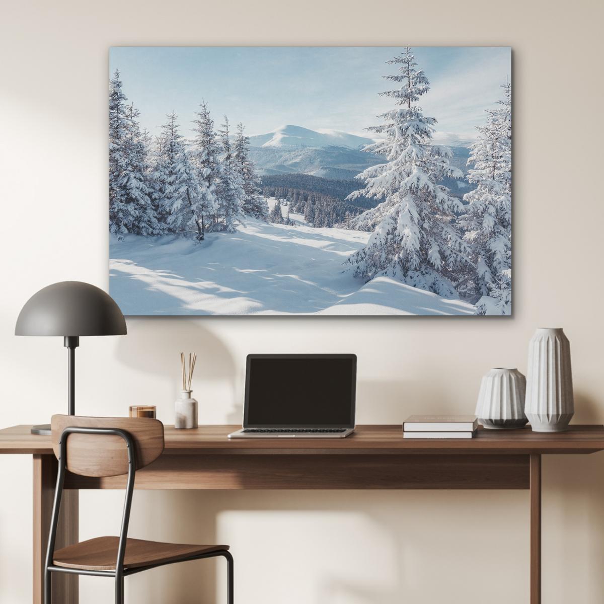 AKUSTIKBILD Winterlandschaft - Natur - Berge - Bäume - Schnee Wandbild Wohnzimmer 100x70 cm - Hellblau, Kunststoff (100/70/0.9cm) - MuchoWow