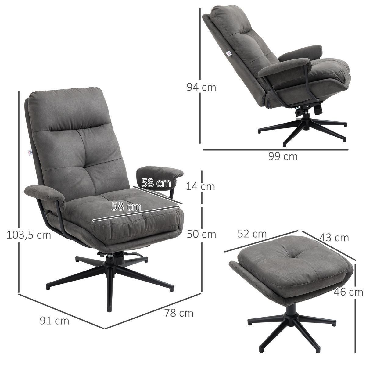 RELAXSESSEL mit Hocker, Drehbarem Fuß Fernsehsessel mit Liegefunktion Polyester - Dunkelgrau, Metall (91/103.5/78cm) - HOMCOM