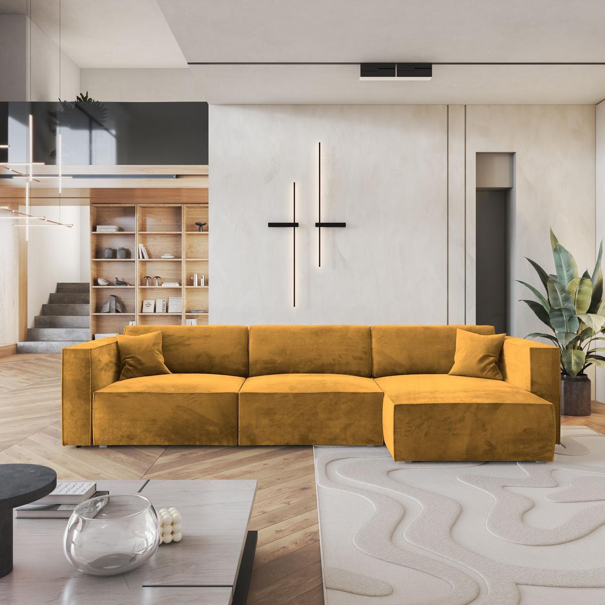 ECKSOFA TOLMO M Gelb Velours-Stoff mit Schlaffunktion - Gelb/Grau, Holz/Kunststoff (347/148cm) - MASSENO