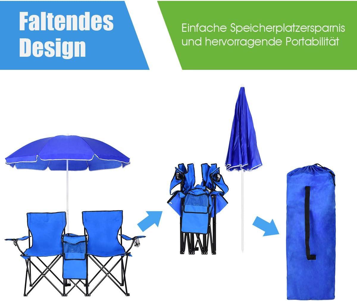CAMPINGSTUHL mit Sonnenschirm für Paare Blau - Blau, Metall (161/85/55cm) - COSTWAY