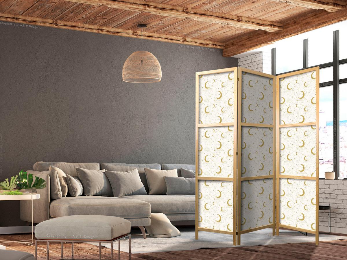 PARAVENT Japanischer 3-tlg 135x172 cm Monde Und Sterne - Gelb, Holz/Textil (135/172/3cm) - Muralo