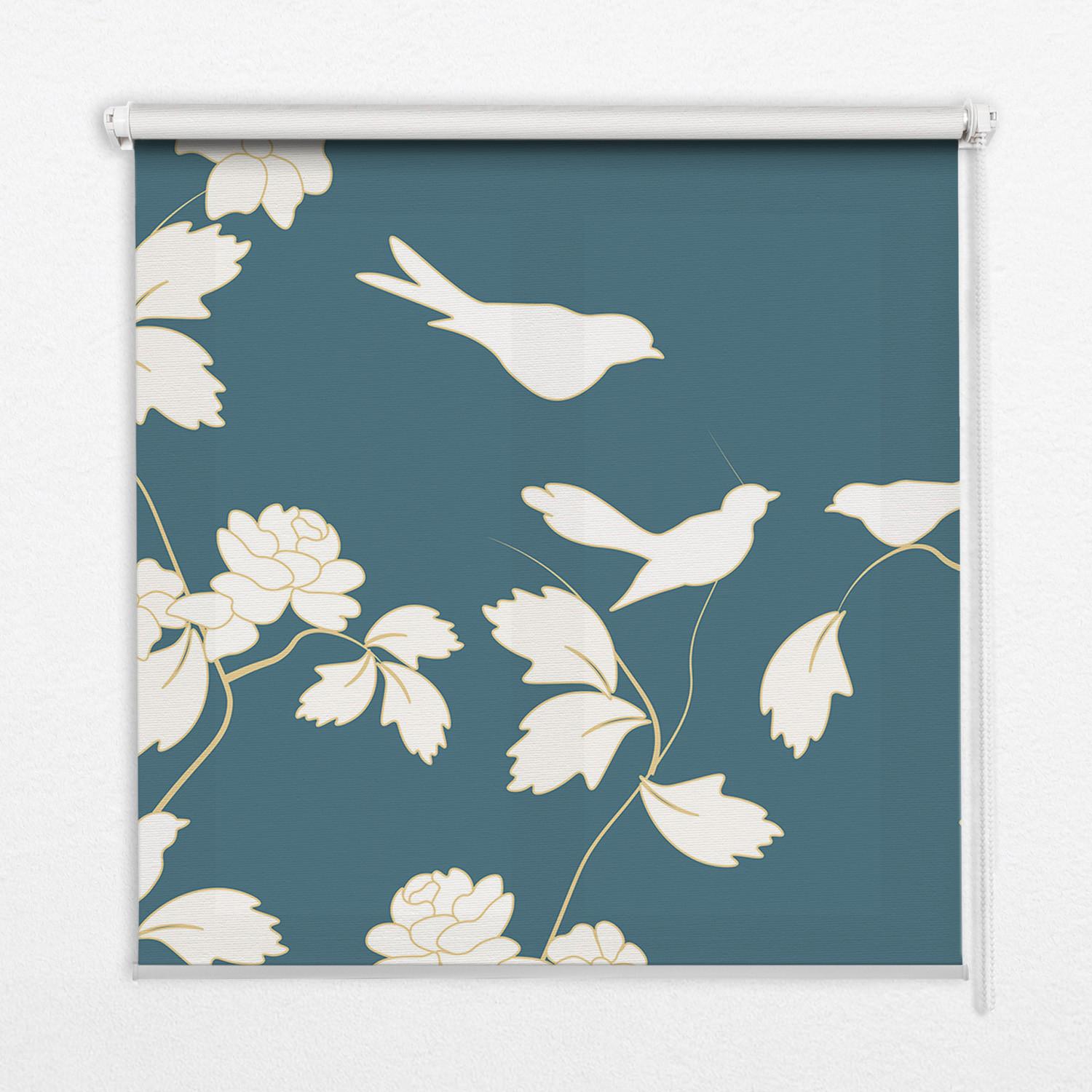INNENROLLO - Fensterrollo - Rollo - 100x180 cm - Weiße Vögel auf weißen Blüten - Blau, Kunststoff (100/180/0.5cm) - TULUP