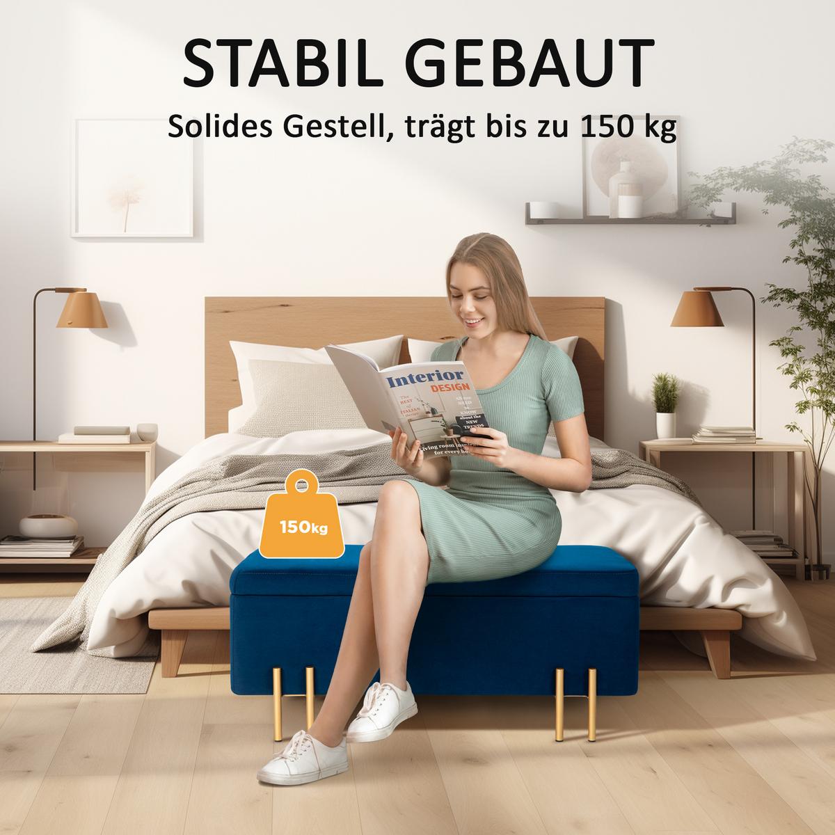 TRUHENBANK Metall, Kautschukholz, Schaumstoff Dunkelblau - Blau, Textil (40/42/100cm) - HOMCOM