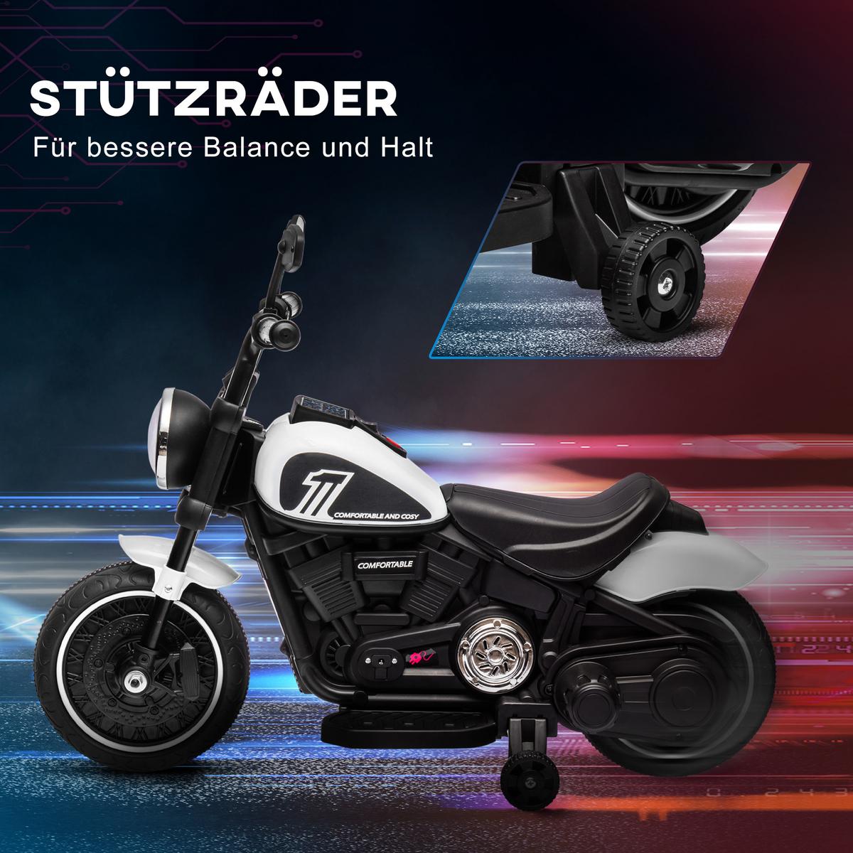 KINDERMOTORRAD Kinder Elektro-Motorrad Elektrofahrzeug für 1,5-3 Jahre Kinder - Schwarz/Weiß, Kunststoff/Metall (76/42/57cm) - HOMCOM
