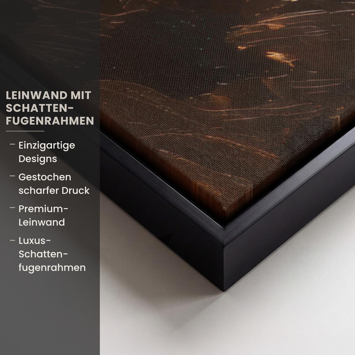 LEINWAND Bilder mit Rahmen - Gesicht - Dame - Blätter - Pinselstriche - 90x90 - Goldfarben, Textil (90/90cm) - MuchoWow