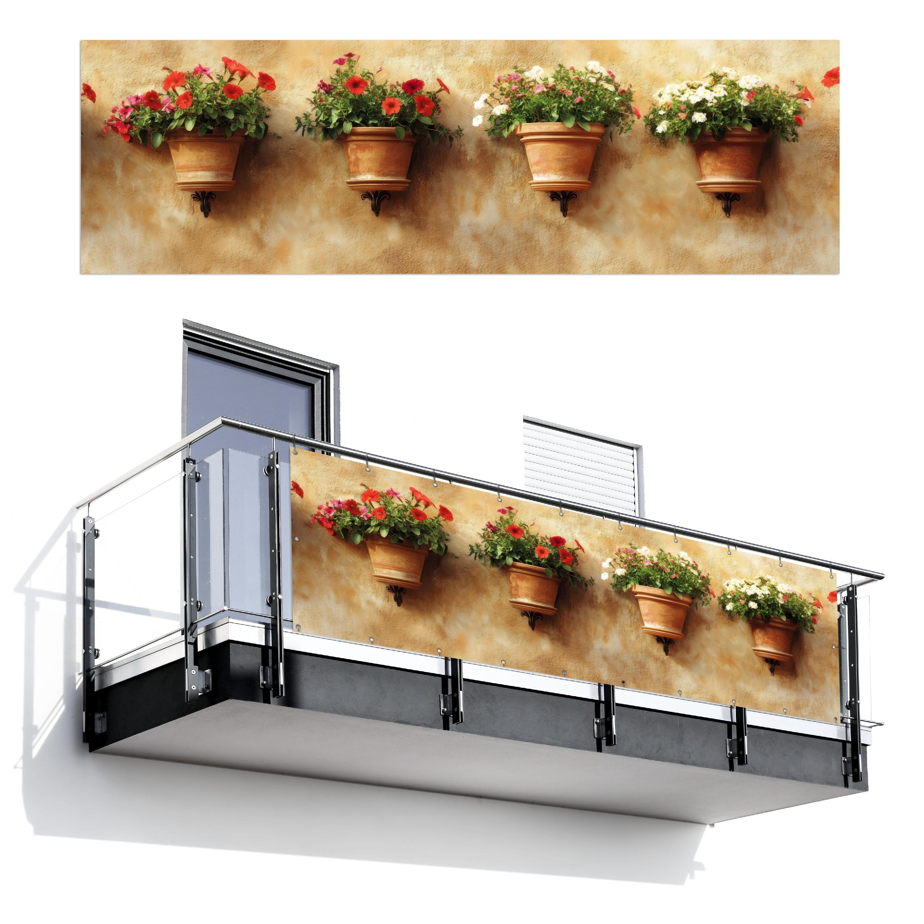 BALKON-SICHTSCHUTZ Blumentöpfe - Wand - Vintage Windschutz 300x95 cm - Terracotta, Kunststoff (300/95cm) - MuchoWow