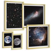 BILDER SET 5er Set - 50x50 cm & 20x30 cm & 40x60 cm Goldrahmen - Galaxie Weltraum Mond - Goldfarben, Kunststoff (40/60cm) - TULUP