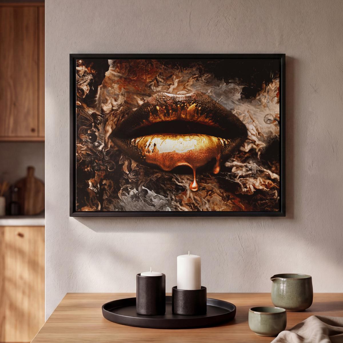LEINWAND Bilder mit Rahmen - Gold - Lippen - Kunst - Gold - Luxus - Abstrakt - 40x30 - Kupferfarben, Textil (40/30cm) - MuchoWow