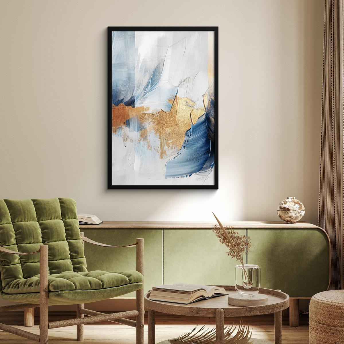 POSTER MIT RAHMENGERAHMTES BILD Gold - Blau - Aquarell - Kunst - Modern 60x90 cm - Hellblau, Papier (60/90cm) - MuchoWow