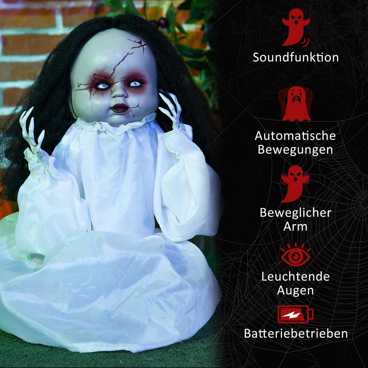 HALLOWEEN Dekoration 60cm Springende Mörderpuppe mit Rote Augen, Soundfunktion - Weiß, Kunststoff (15/60/60cm) - HOMCOM
