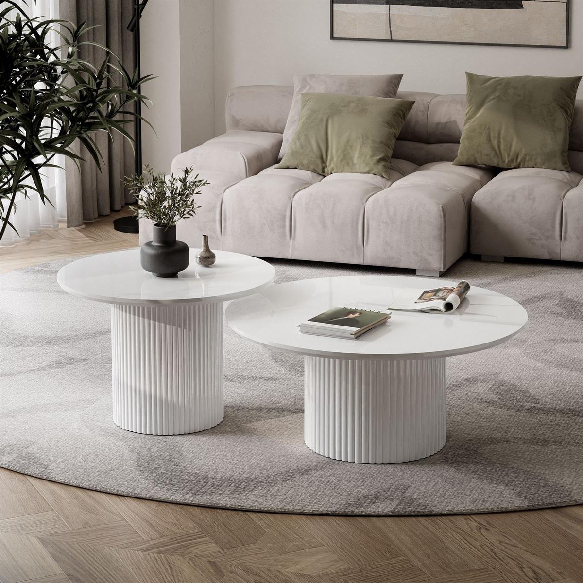 COUCHTISCH-SET OVI mit geriffeltem Sockel - Creme, Holzwerkstoff (80/80/42cm) - Lookway