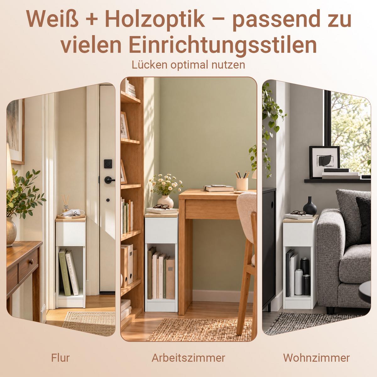 NACHTTISCH schmal mit Schublade, Konsolentisch, Weiß-Natur, 20x35x60 cm, nur 20 cm tief, offene Fächer, Flur/Sofa/Büro/Balkon - Weiß, Holzwerkstoff (20/60/35cm) - SoBuy
