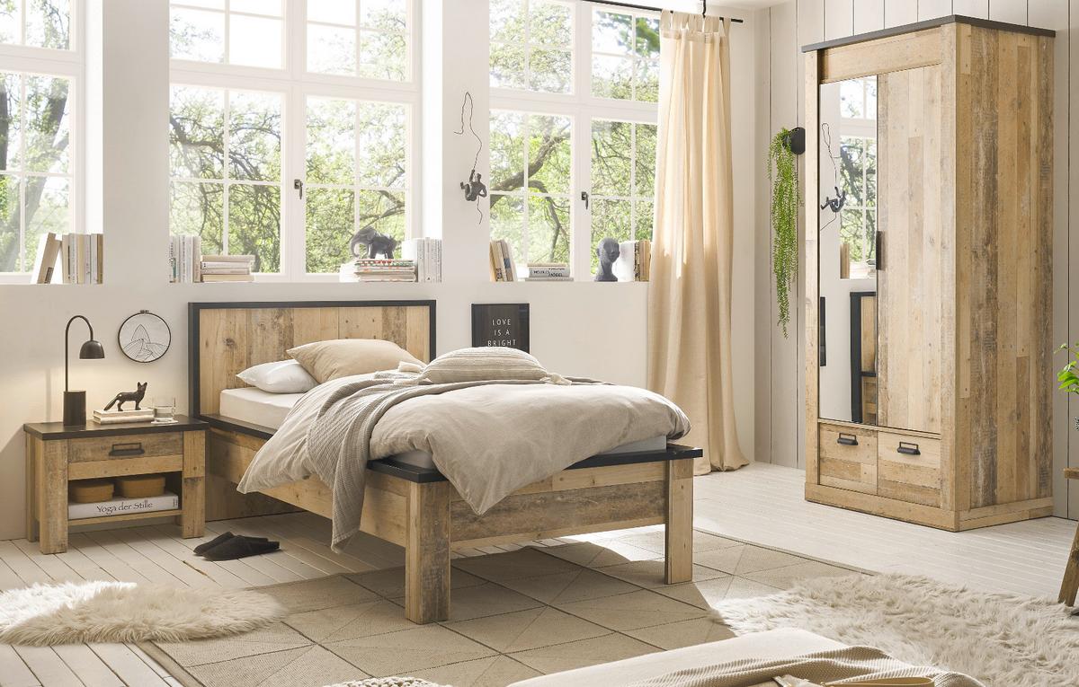 BETT Used Wood hell, dunkles Grau, Einzelbett Liegefläche 90 x 200 cm - Dunkelgrau/Naturfarben, Holzwerkstoff/Metall (90/200cm) - Furn.Design