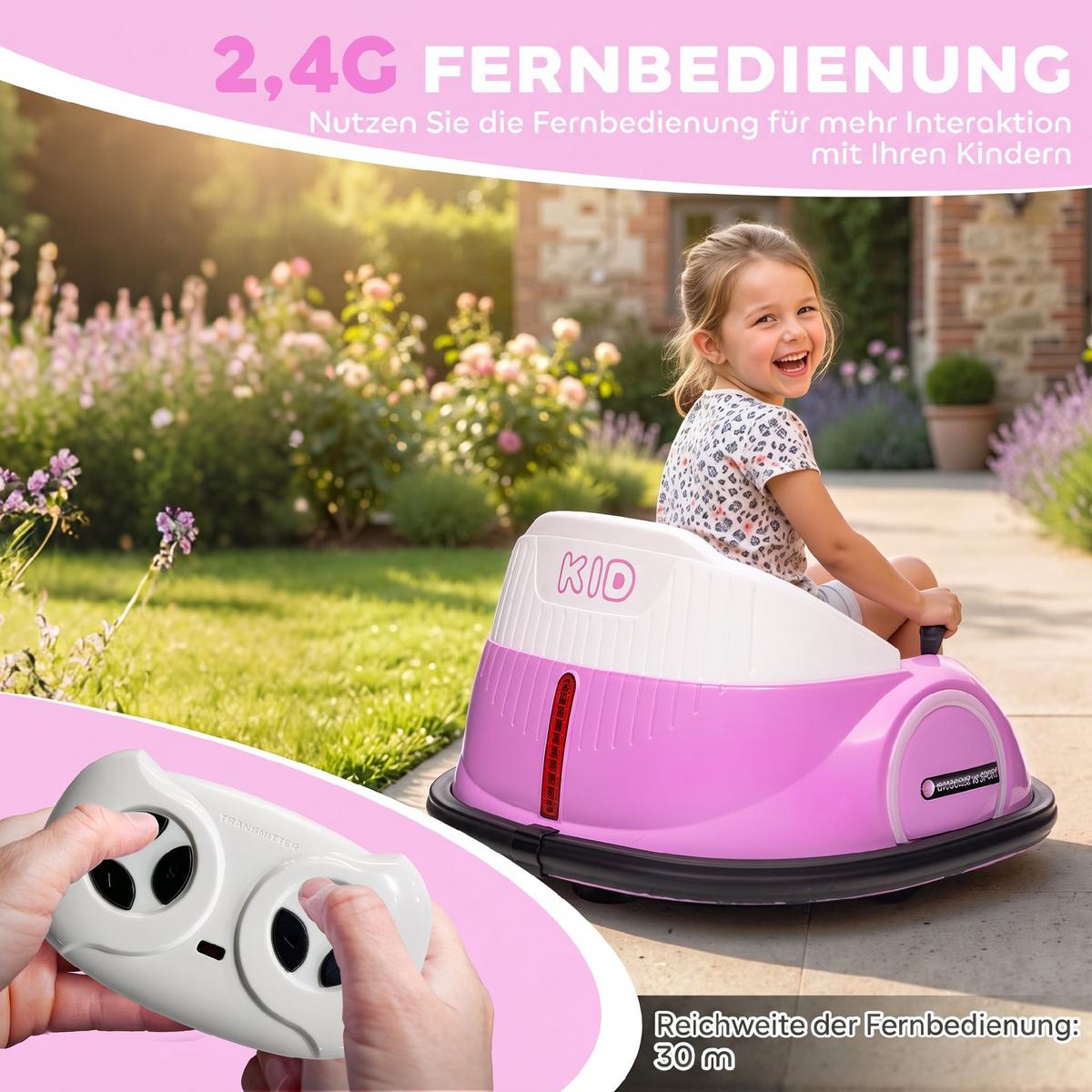 12V Kinder Autoscooter mit 2,4 G Fernbedienung, Elektro Bumper mit Musik - Rosa, Kunststoff (66.5/64.5/39cm) - AIYAPLAY
