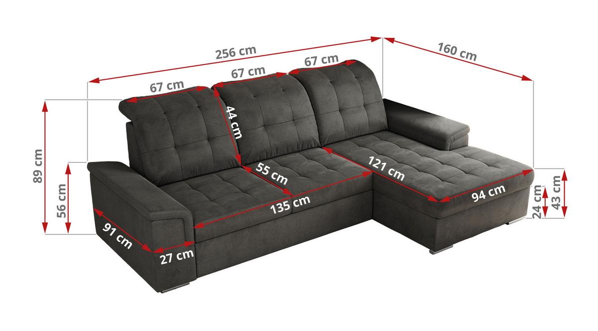 ECKSOFA MADRITO L - Dunkelgrau Velorus - Rechts - Dunkelgrau/Silberfarben, Textil/Metall (256/160cm)
