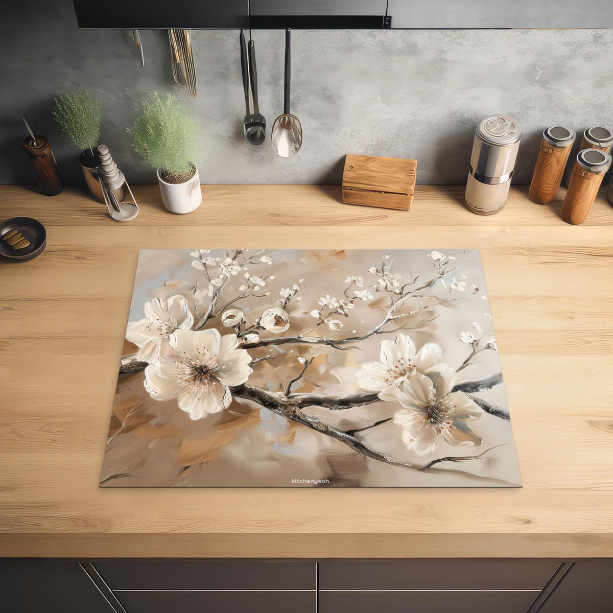HERDABDECKPLATTE Blumen - Abstrakt - Gemalt - Beige Herdabdeckung Induktionsfeld 65x52 cm - Kaschmir, Kunststoff (65/52/0.2cm) - MuchoWow