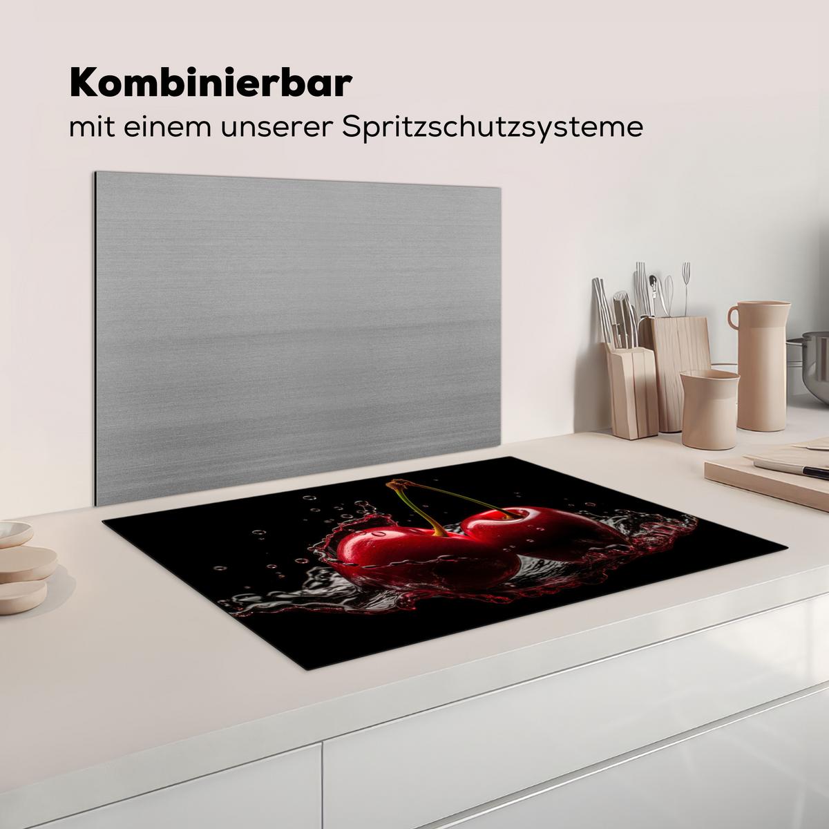 HERDABDECKPLATTE Kirsche - Rot - Frucht - Wasser - Schwarz Ceranfeldabdeckung 76x51.5 cm - Kirschrot, Kunststoff (76/51.5/0.2cm) - MuchoWow