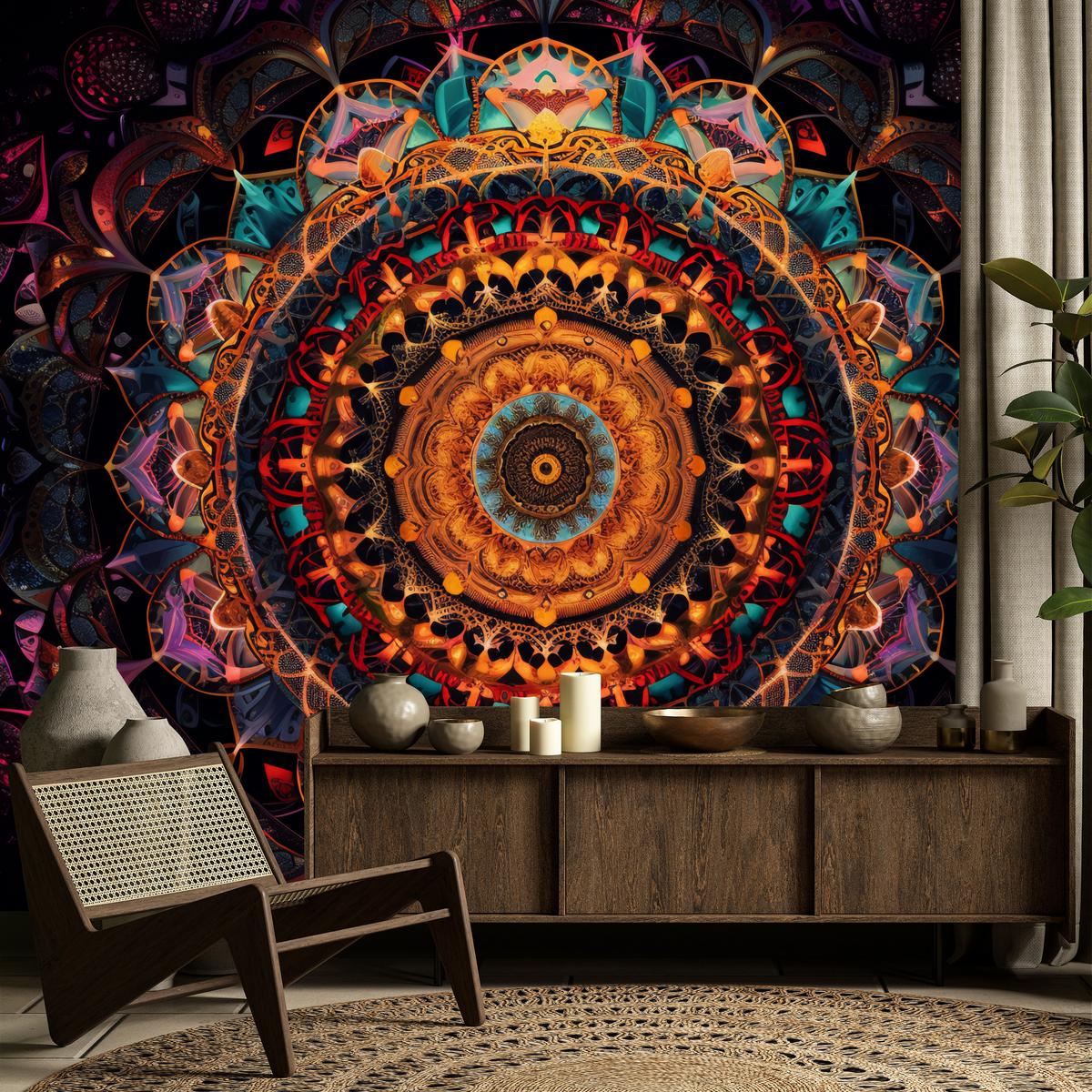 FOTOTAPETE für Schlafzimmer Bunte Mandala Vintage Orientalisch Harmonisch 500x350 - Gelb/Rot, Papier (500/350cm) - Muralo