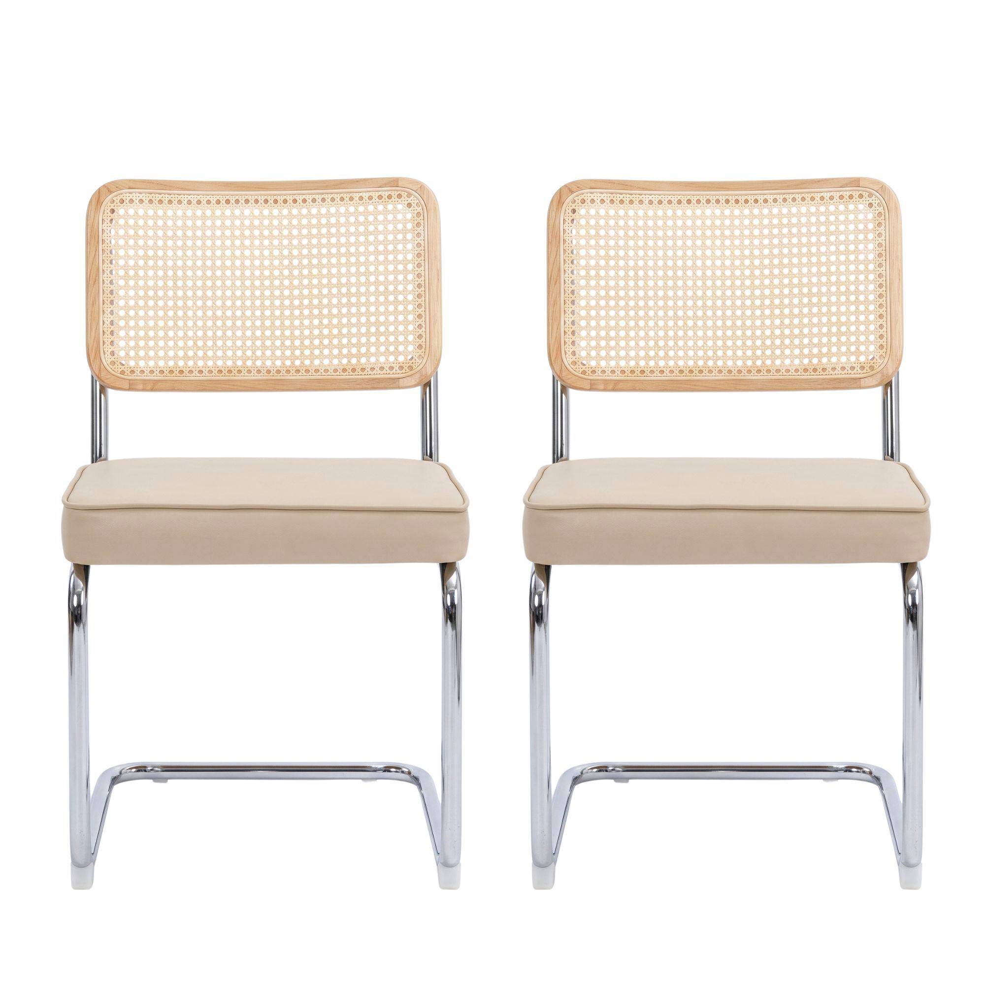 ESSZIMMERSTÜHLE 2er Set Freischwinger Rattan & Kunstleder - Beige, Leder (53/84.6/46.4cm) - Urban Meuble