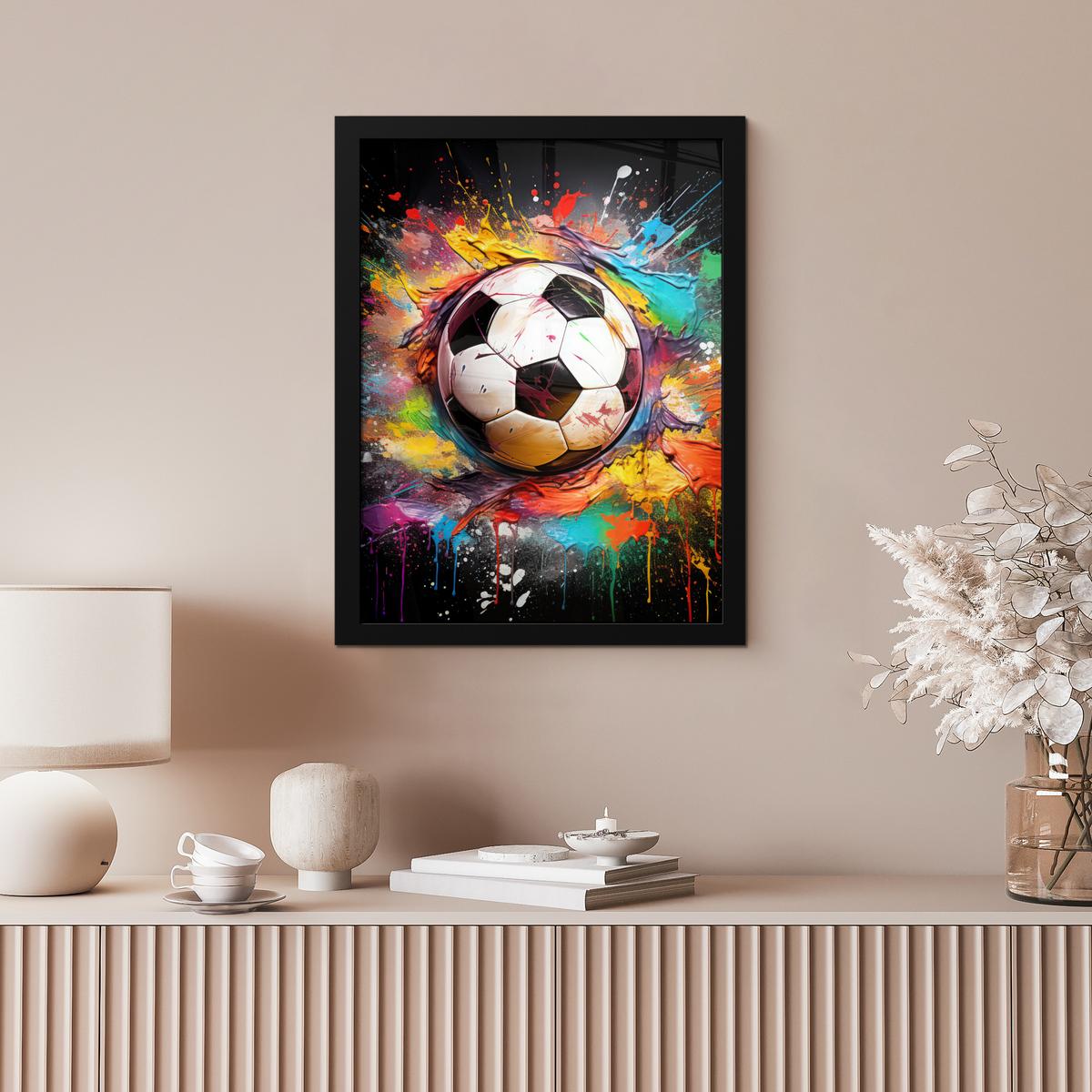 POSTER MIT RAHMEN Fußball - Farbe - Farben - Schwarz - Weiß Bilderrahmen 30x40 cm - Weiß, Papier (30/40cm) - MuchoWow