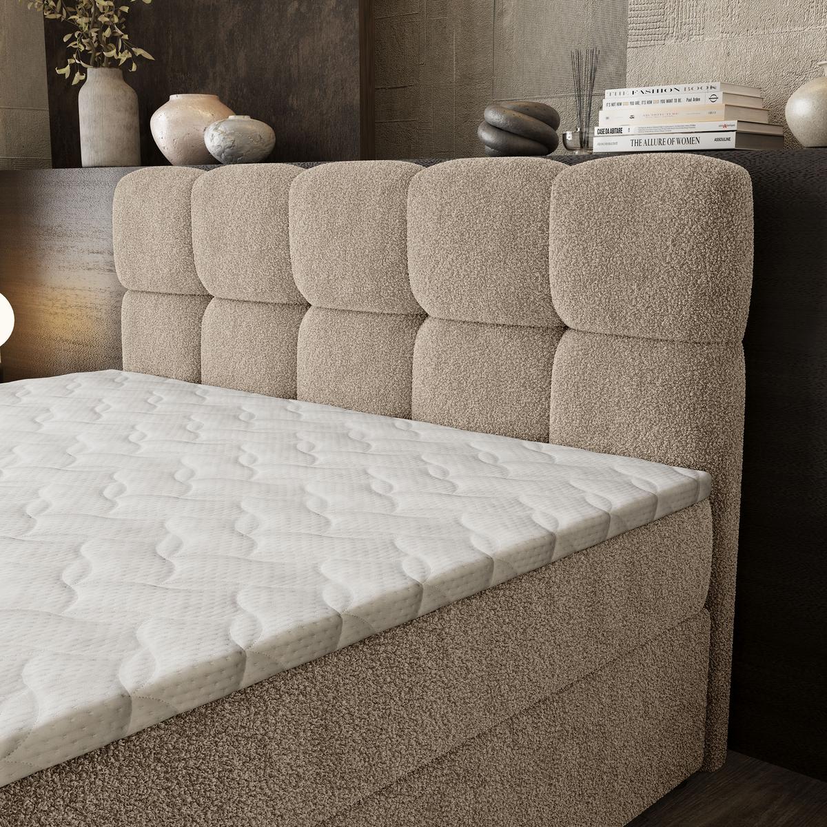 BOXBETT BRUME 160x200 cm mit Matratze und Topper, H2+H3 - Beige - Beige, Holz (160/200cm) - MASSENO