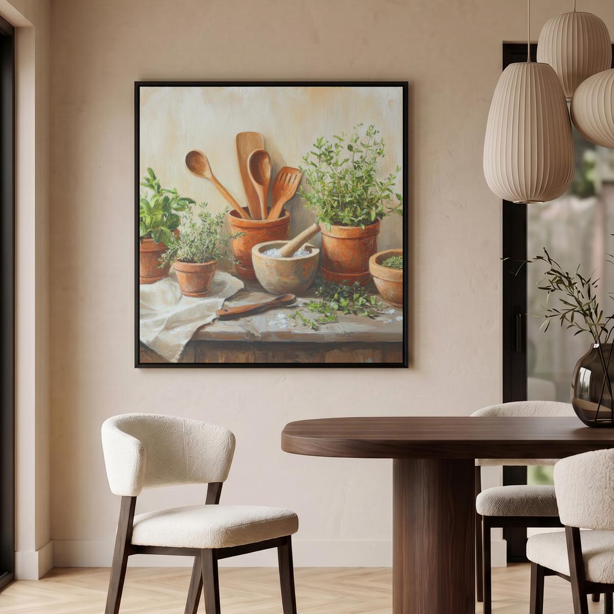 LEINWAND Bilder mit Rahmen - Töpfe - Kräuter - Holz - 90x90 - Terracotta, Textil (90/90cm) - MuchoWow