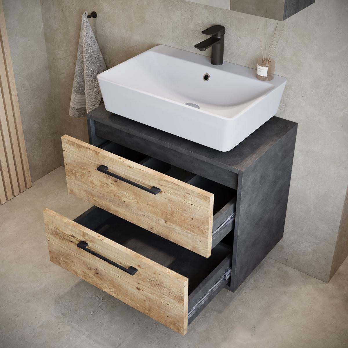 WASCHBECKENUNTERSCHRANK Florence 2 Schubladen Kastanien Eiche / Grau - 60 x 35 x 47 cm - Eichefarben/Grau, Holz (60/47/35cm) - Badplaats