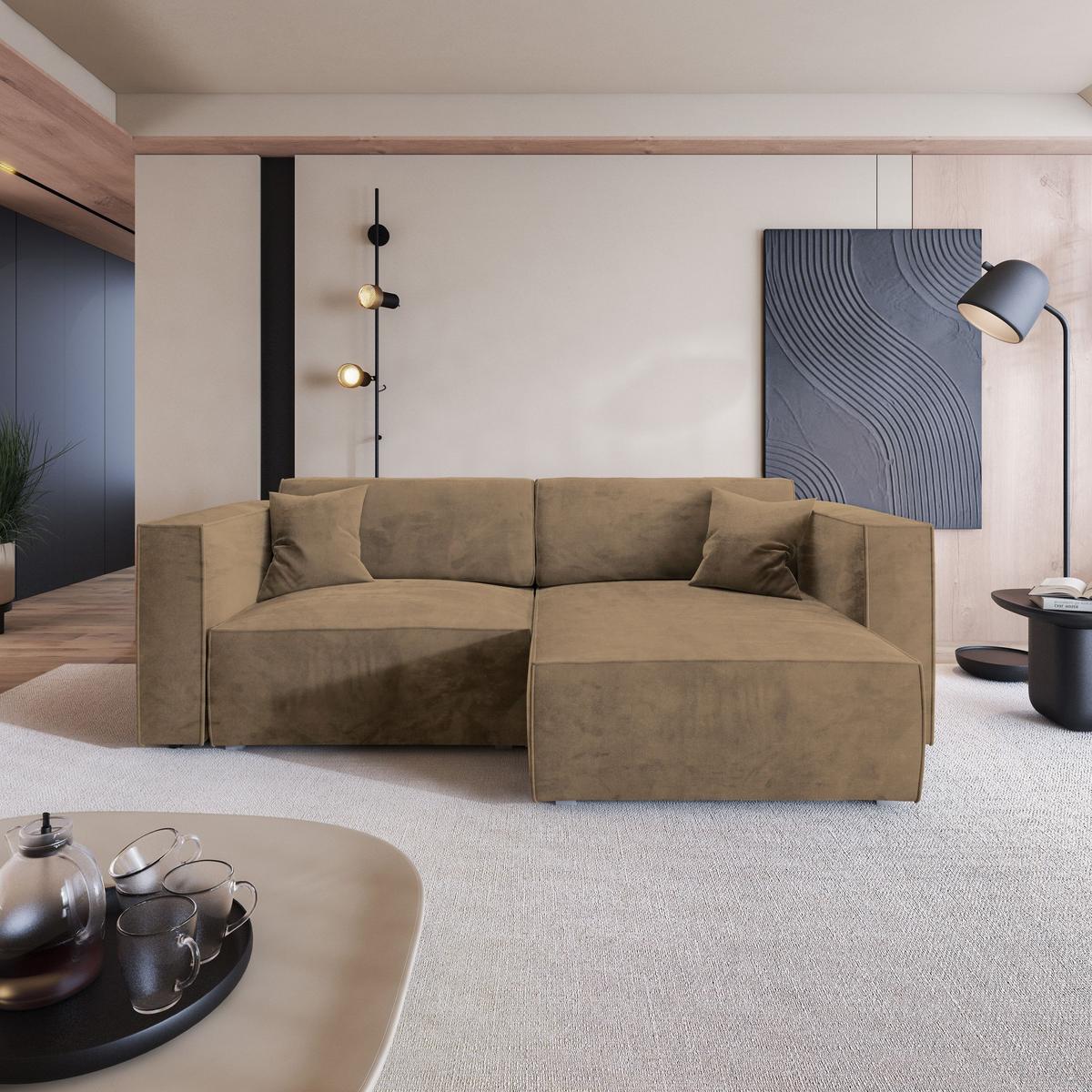 ECKSOFA NERIO M Beige Velours-Stoff mit Schlaffunktion - Beige/Grau, Holz/Kunststoff (245/148cm) - MASSENO