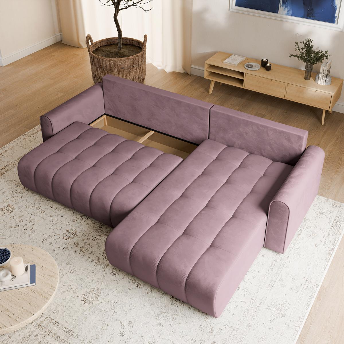 ECKSOFA FRIGA Lila Velours-Stoff mit Schlaffunktion - Lila, Holz (283/185cm) - MASSENO