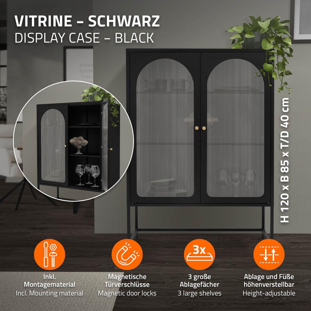 VITRINENSCHRANK 85 x 120 x 40 cm Schwarz aus Stahl - Schwarz, Metall (85/120/40cm) - ML-DESIGN