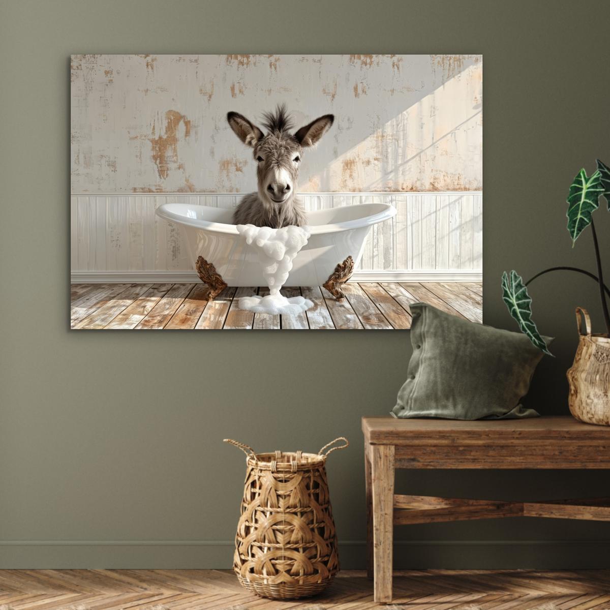 METALLBILD Esel - Tiere - Badewanne - Schaumstoff Wanddeko 90x60 cm - Weiß, Metall (90/60cm) - MuchoWow
