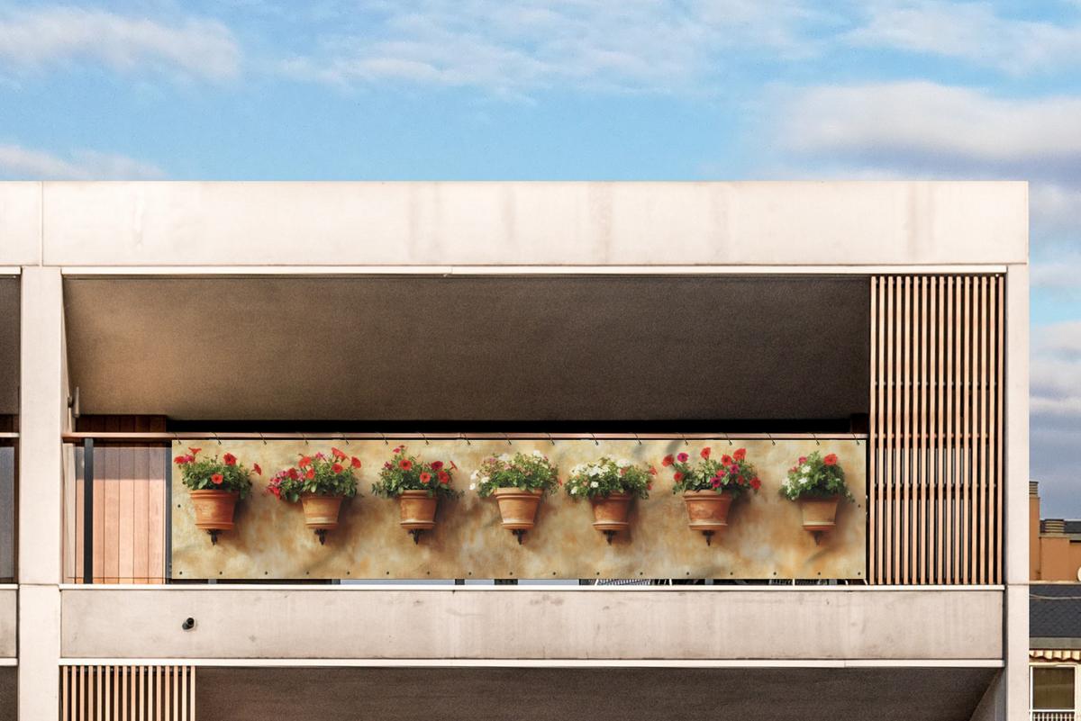 BALKON-SICHTSCHUTZ Blumentöpfe - Wand - Vintage Deko XXL 500x100 cm - Terracotta, Kunststoff (500/100cm) - MuchoWow