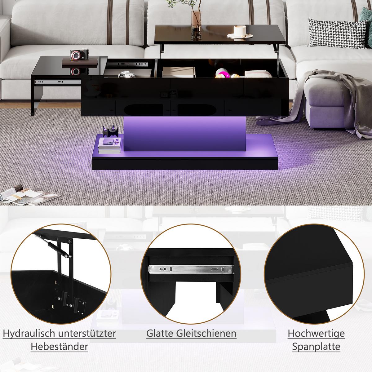 COUCHTISCH Hochglanz Schwarz mit LED Liftfunktion & Stauraum 100×50 cm - Weiß, Holzwerkstoff (50/100/45cm) - Urban Meuble