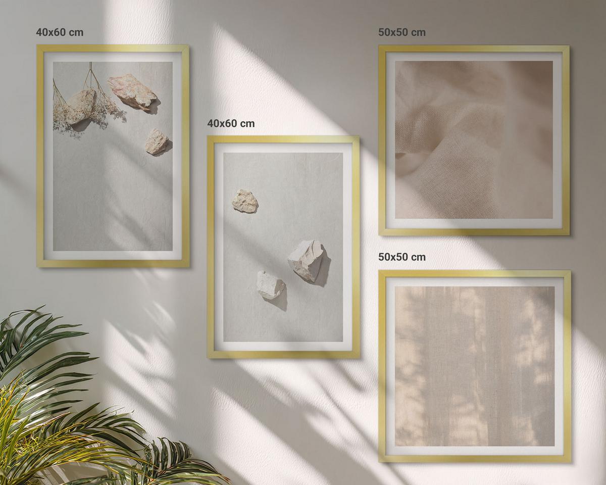 BILDER SET 4er Set - 50x50 cm & 40x60 cm Goldrahmen - Boho-Stranddekorationen aus Steinen - Goldfarben, Kunststoff (50/50cm) - TULUP