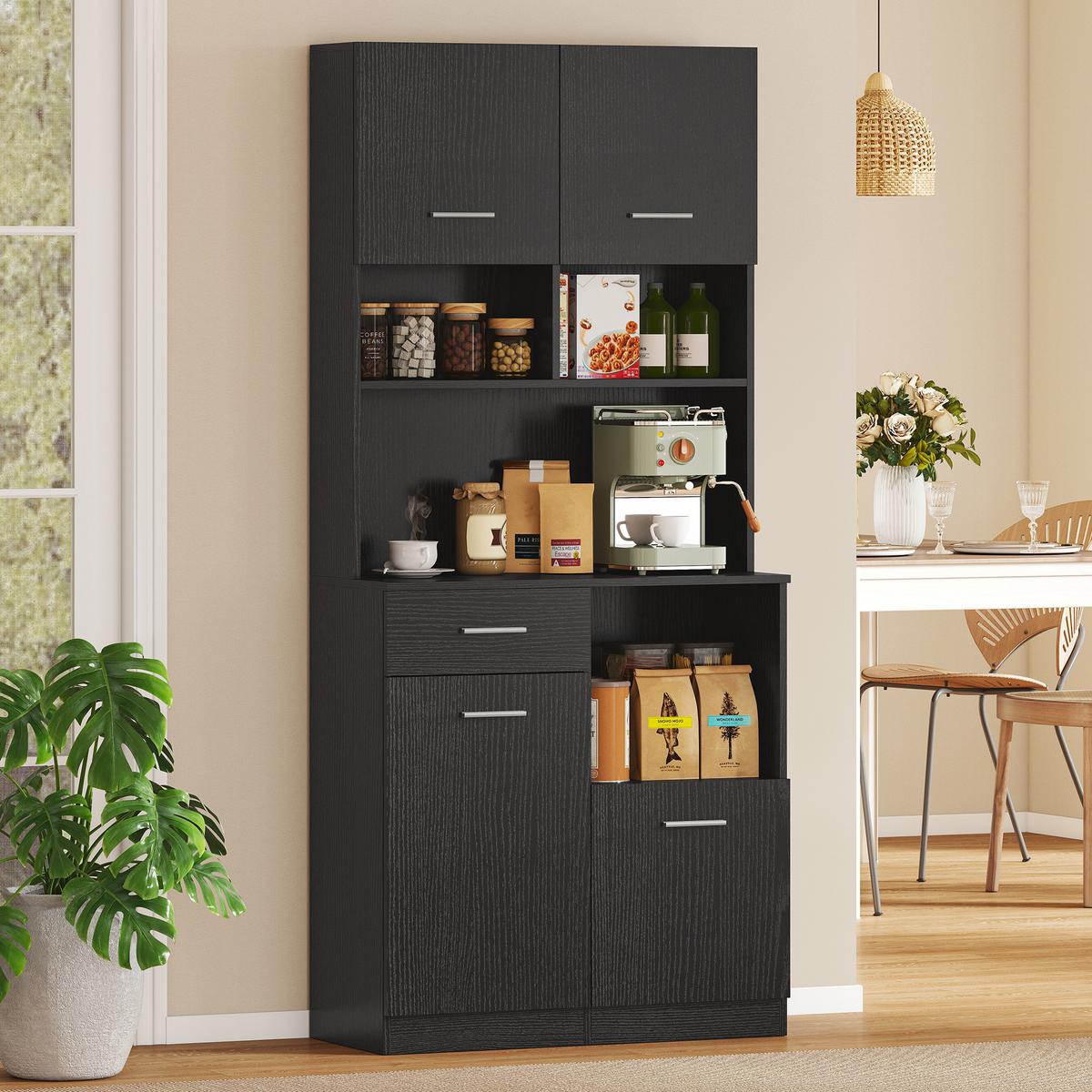 KÜCHENSCHRANK Hochschrank mit verstellbarem Regal Schublade Schwarz - Silberfarben/Schwarz, Holzwerkstoff/Metall (35/180/80cm) - HOMCOM