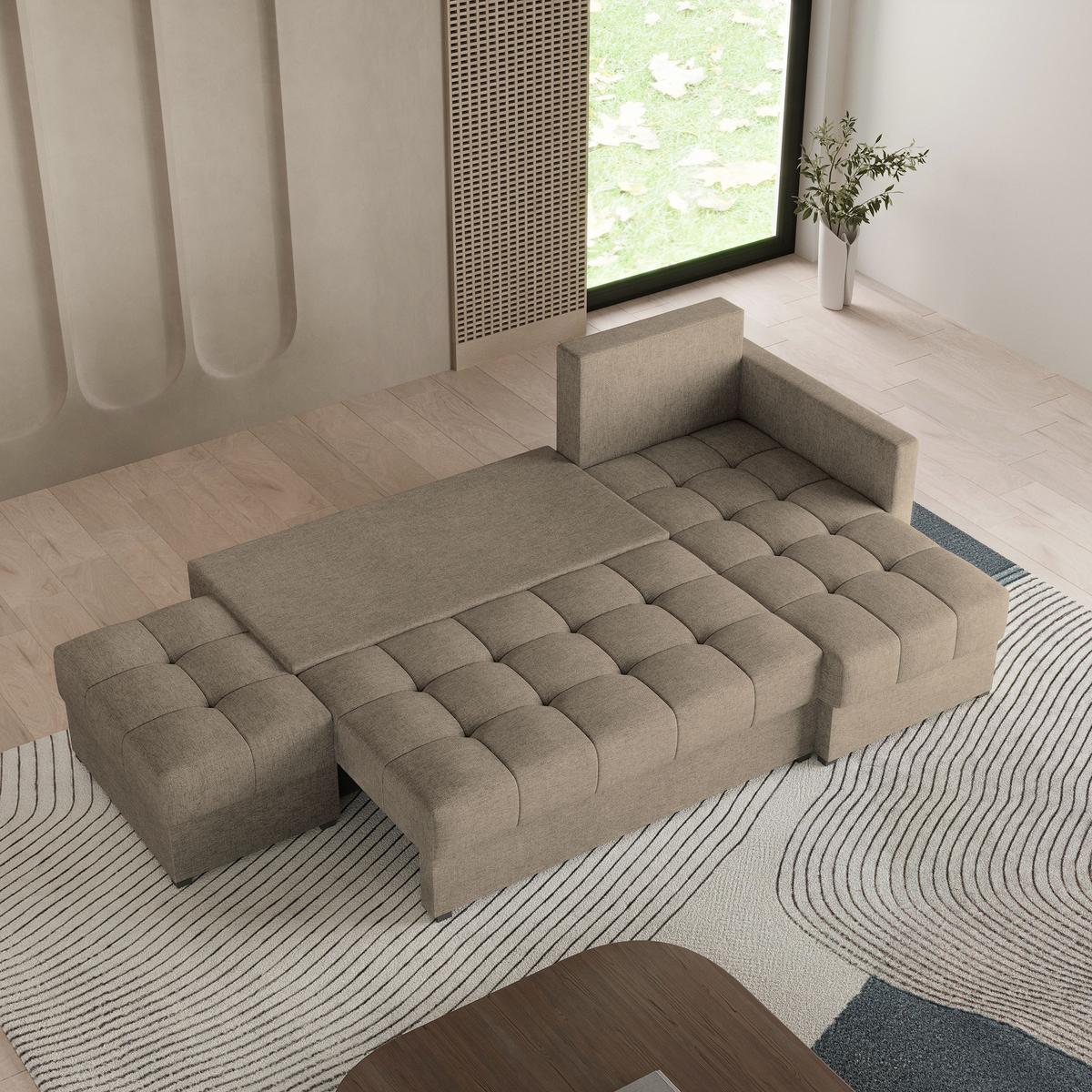 ECKSOFA LUMARI R-S Braun Plüsch-Stoff mit Schlaffunktion - Braun, Holz (262/143cm) - MASSENO