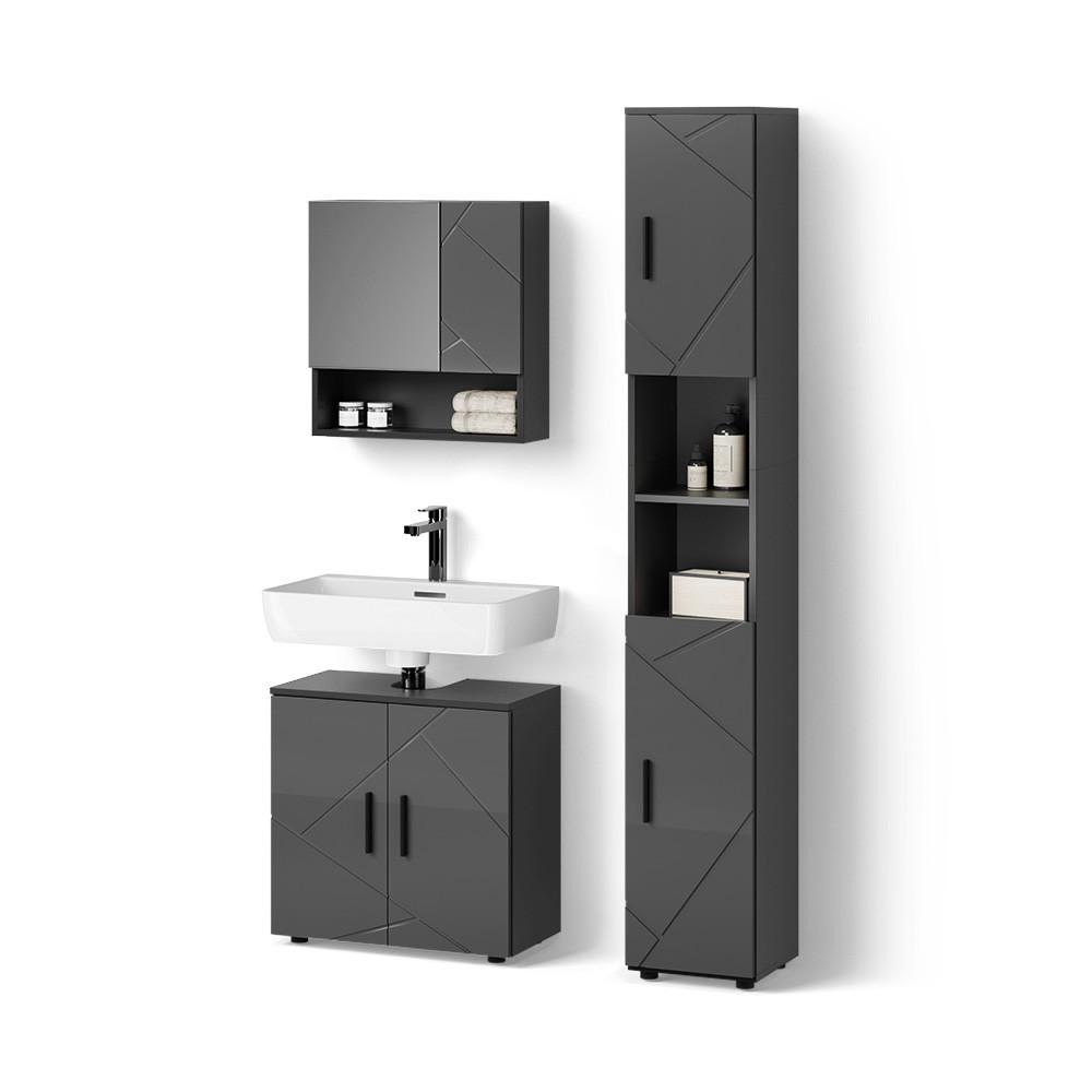 BADMÖBEL-SET Ronco Anthrazit Hochglanz 3 Teile, mit Hochschrank - Schwarz Hochglanz, Holzwerkstoff (60/192/30cm) - Livinity®