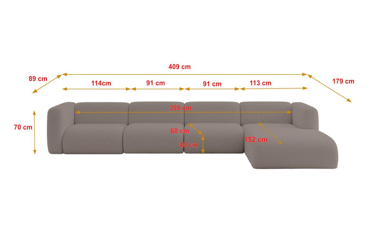 ECKSOFA Ottomane Rechts MIRA-L3 409x179x70 Braun Bouclé - Dunkelbraun/Schwarz, Holzwerkstoff/Kunststoff (409/179cm) - ALTDECOR