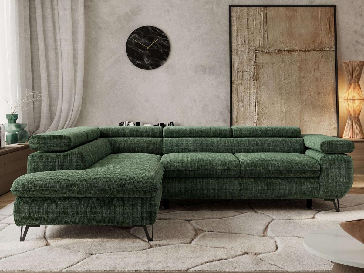 ECKSOFA PABLO L Dunkelgrün Schenille grob gewebt - Links Seite - Dunkelgrün/Schwarz, Textil/Metall (208/273cm) - MKS