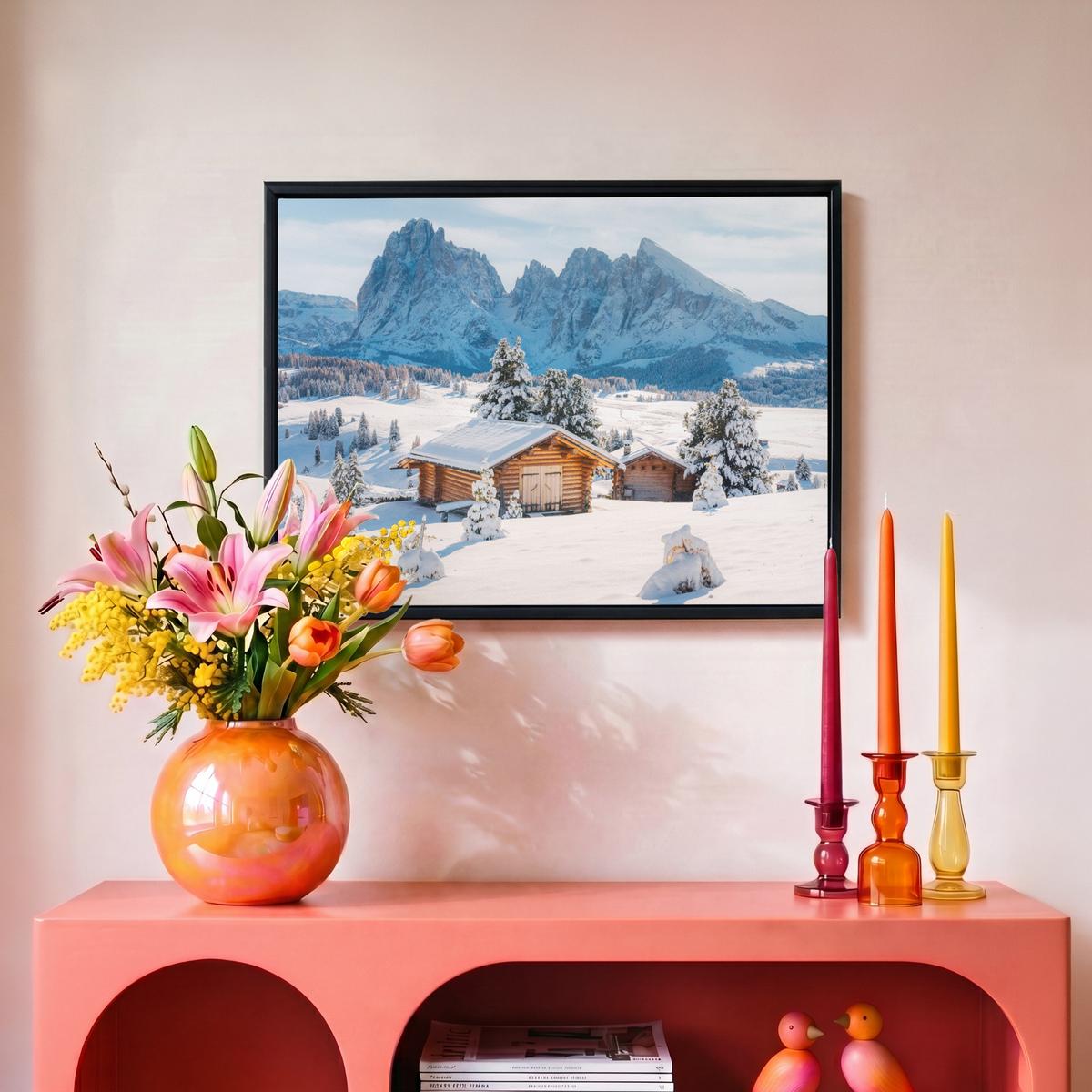 LEINWAND Bilder mit Rahmen - Winter - Hütte - Berge - Aussicht - Schnee - 40x30 - Eichefarben, Textil (40/30cm) - MuchoWow