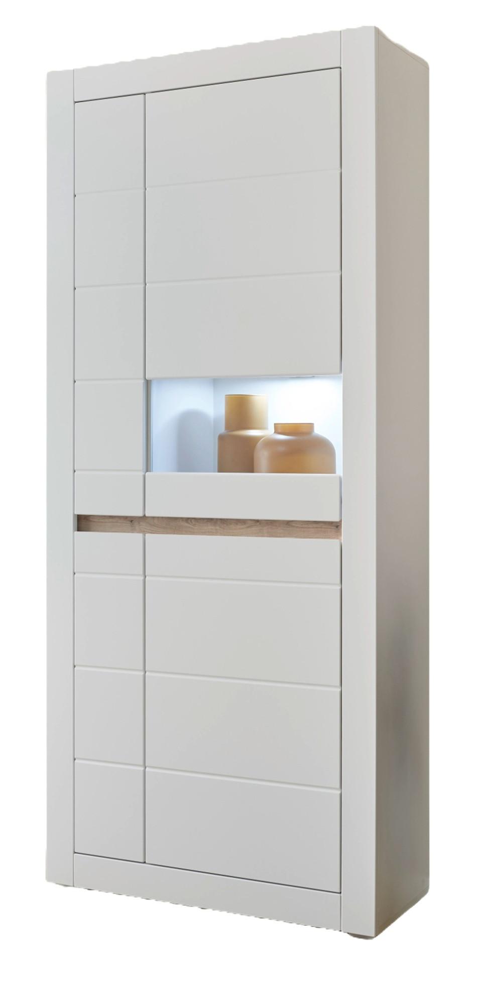 VITRINE weiß matt, Evoke Eiche, Vitrinenschrank mit Soft-Close, inklusive Beleuchtung - Eichefarben/Silberfarben, Holzwerkstoff/Kunststoff (85/198/35cm) - Furn.Design