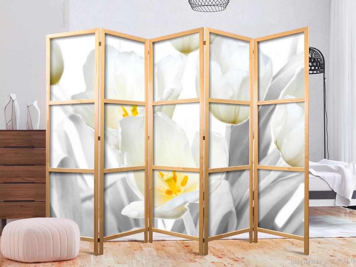 PARAVENT Japanischer 5-tlg 225x172 cm Wei e Blumen - Weiß, Holz/Textil (225/172/3cm) - Muralo