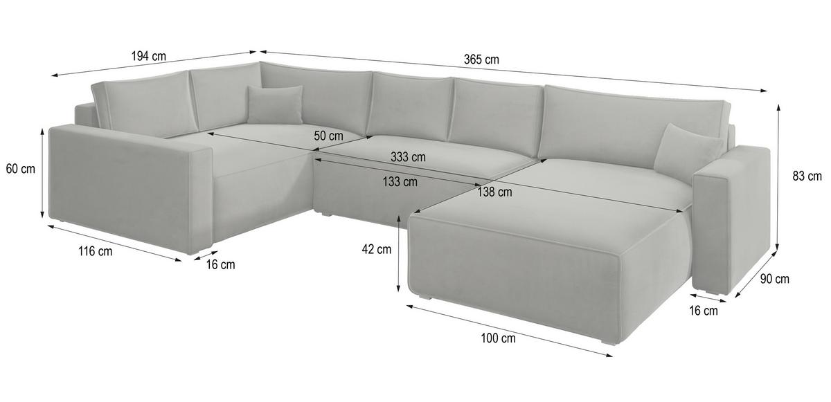 WOHNLANDSCHAFT VELAMI R-S Hellgrau Velours-Stoff mit Schlaffunktion - Hellgrau, Holz (365/83/194cm) - MASSENO