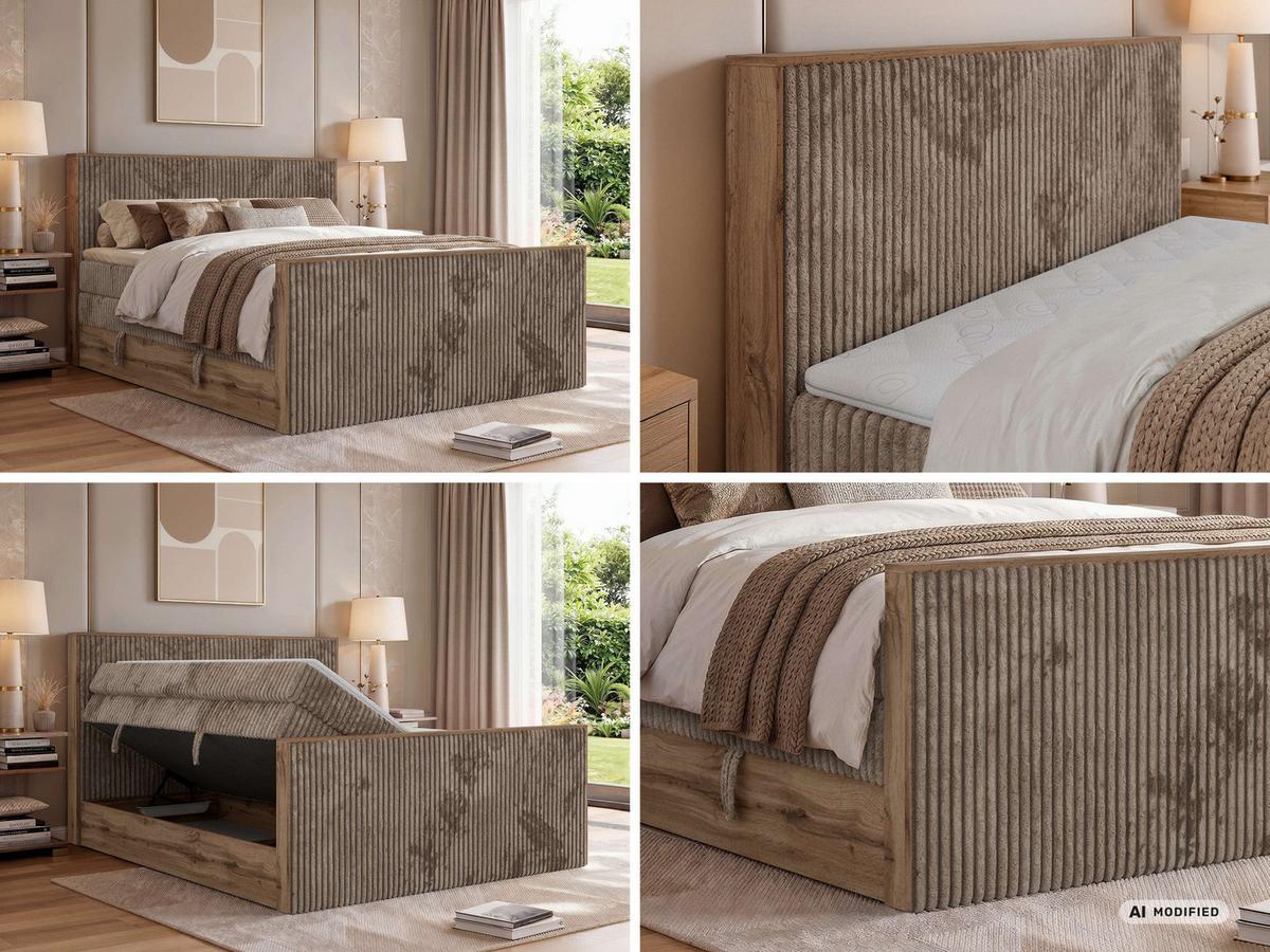 BOXSPRINGBETT WOOD KING DUO 160/200 - Braun Cord - Topper Visco - H4 - Schwarz/Braun, Kunststoff/Textil (160/200cm) - MKS