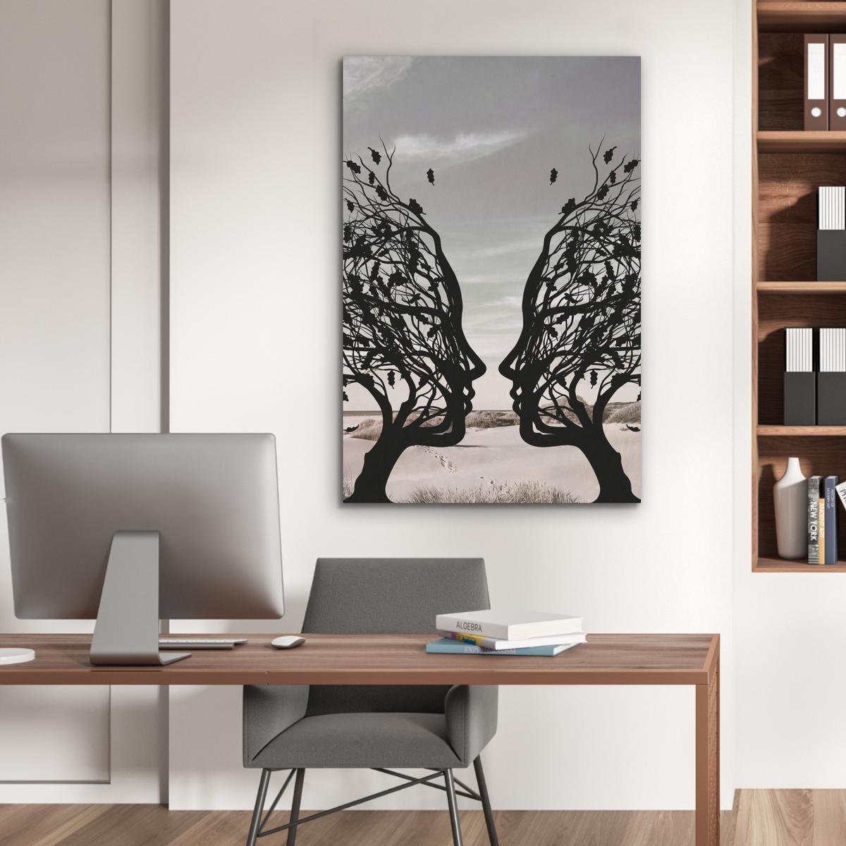 AKUSTIKBILD Strand - Meer - Menschen - Baum - Moderne Kunst Wanddeko 60x90 cm - Hellgrau, Kunststoff (60/90/0.9cm) - MuchoWow