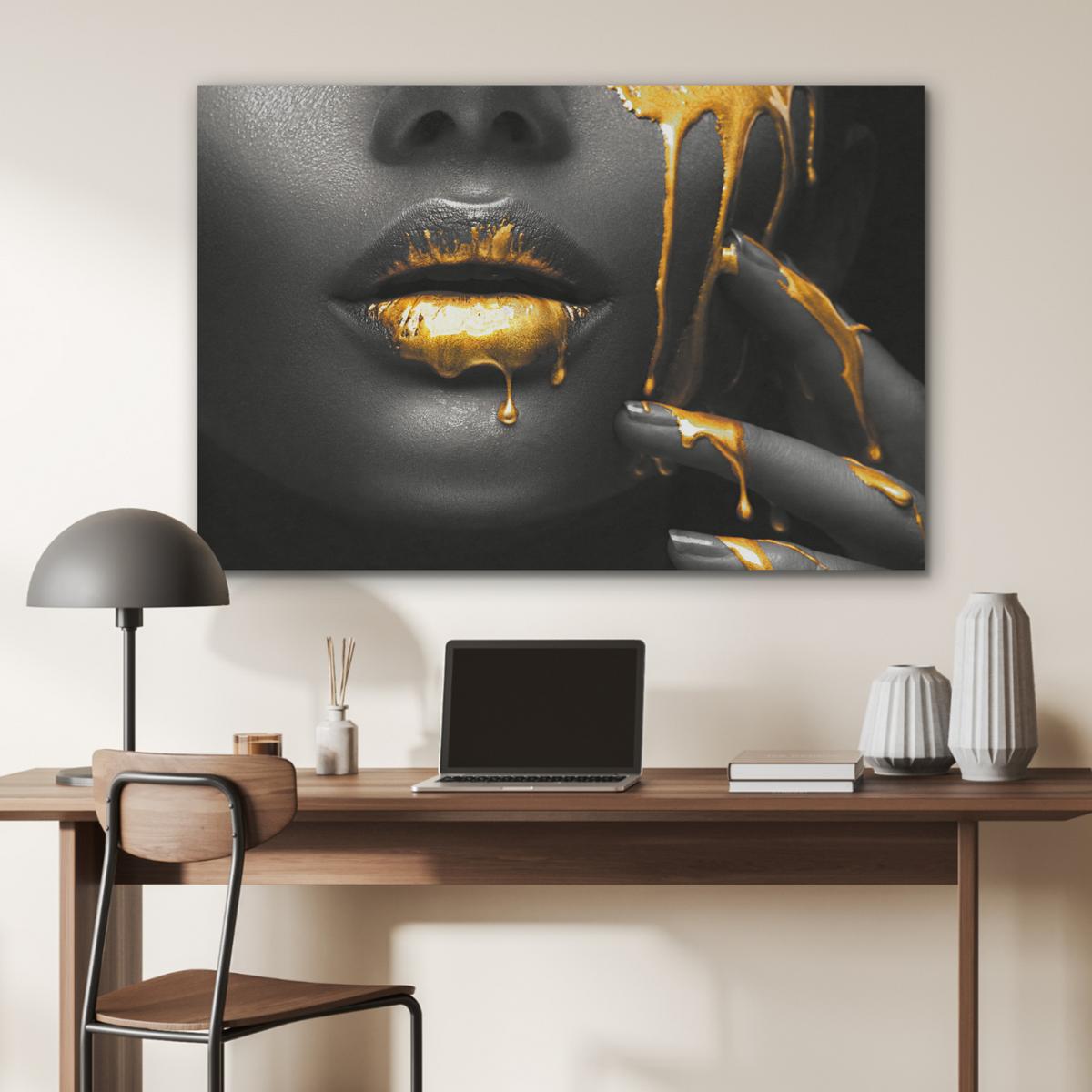 AKUSTIKBILD Frau - Schwarz - Gold - Gesicht - Lippen Wandbild Wohnzimmer 100x70 cm - Goldfarben, Kunststoff (100/70/0.9cm) - MuchoWow