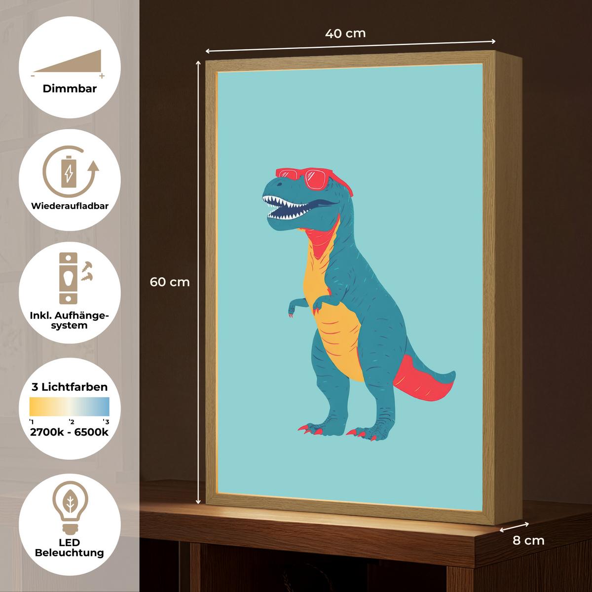 WANDLEUCHTE MIT AKKU Dinosaurier - Blau - Sonnenbrille 40x60 cm - Hellblau, Holzwerkstoff (40/60/8cm) - OnlyWow