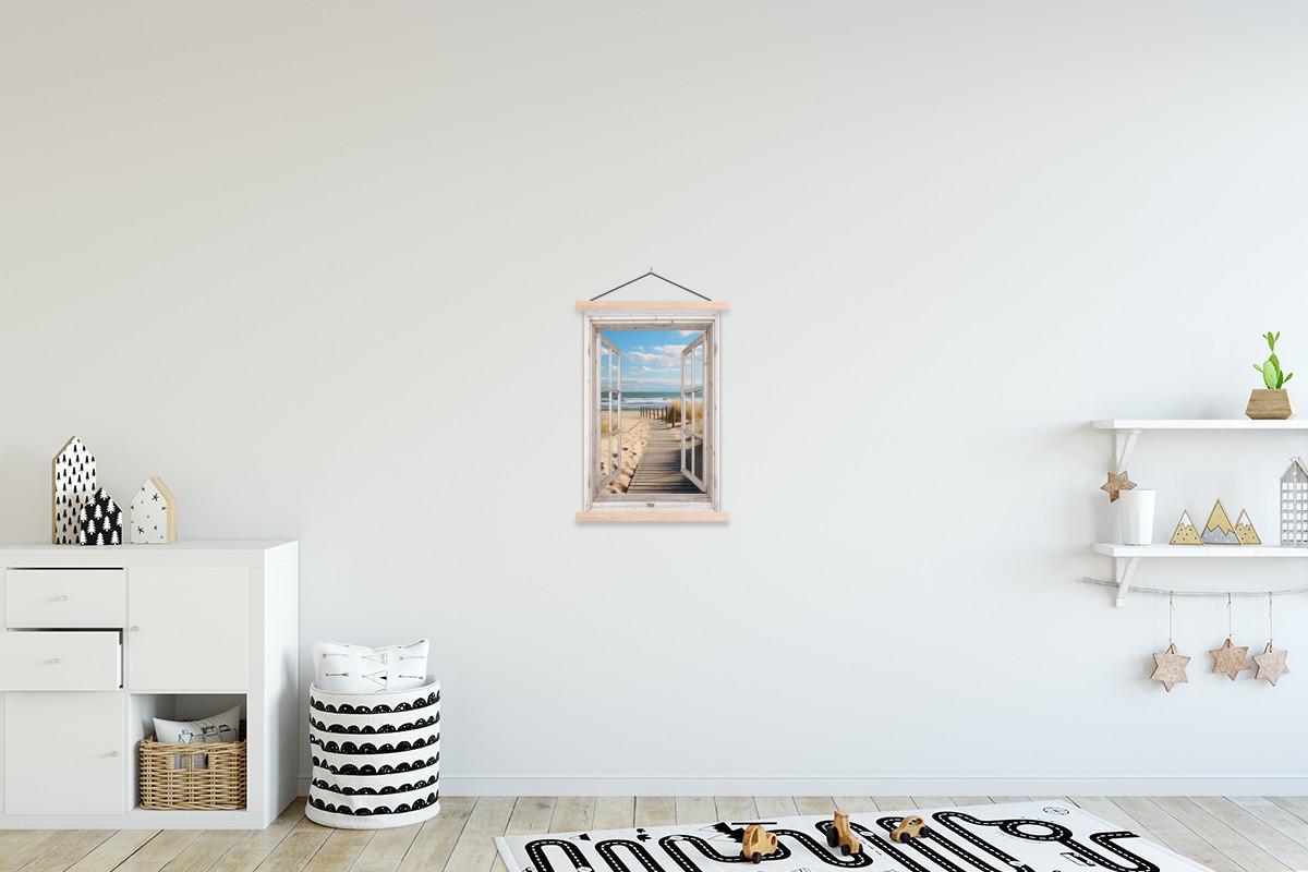 POSTER MIT MAGNETLEISTEN Fenster - Meer - Küste - Natur - Ausblick - Strand - Wattenmeer Deko Wohnzimmer 40x60 cm - Beige, Textil (40/60/0.15cm) - MuchoWow