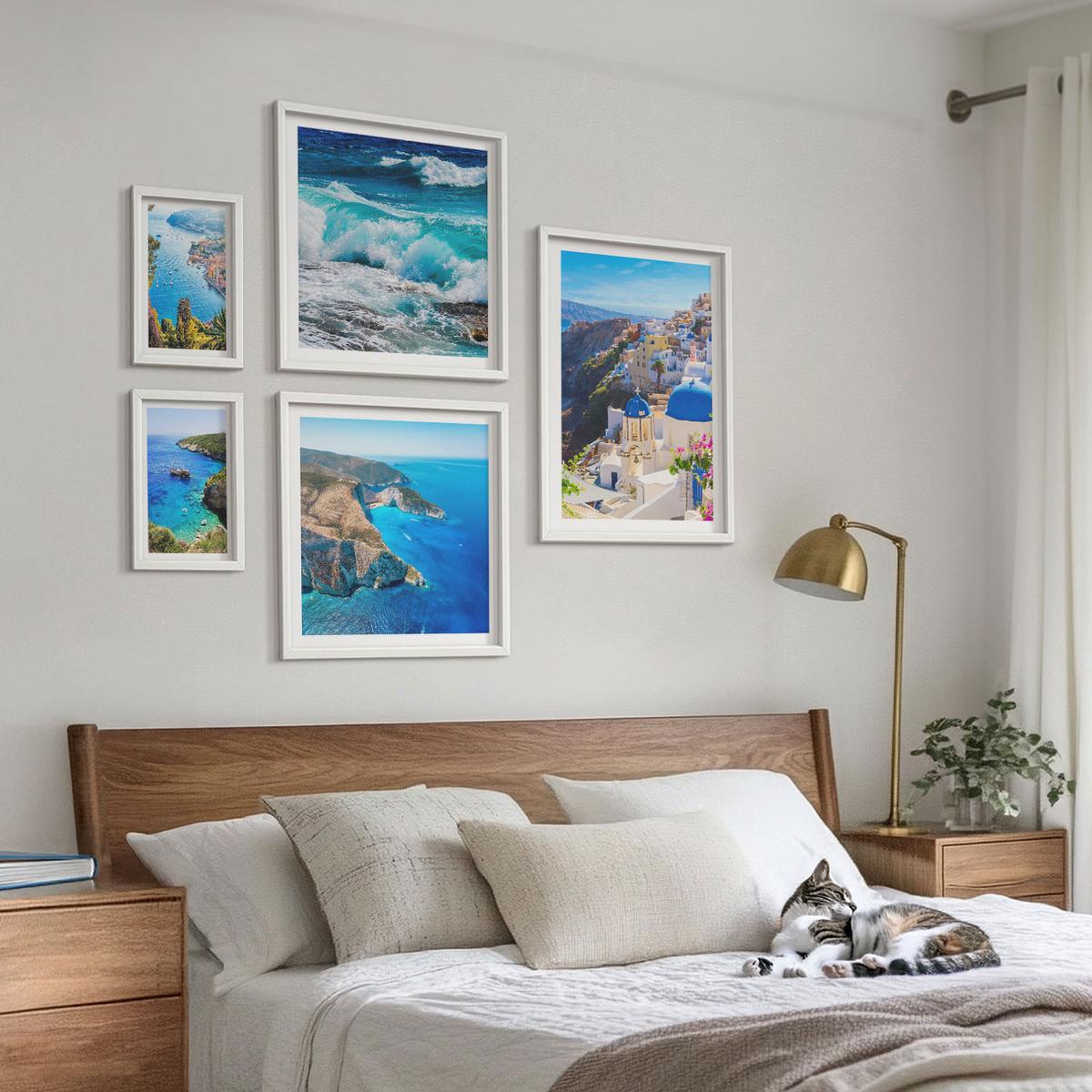 BILDER SET 5er Set - 50x50 cm & 20x30 cm & 40x60 cm Weißer Rahmen - Griechische Ansichten von Santorin Oia - Weiß, Kunststoff (40/60cm) - TULUP
